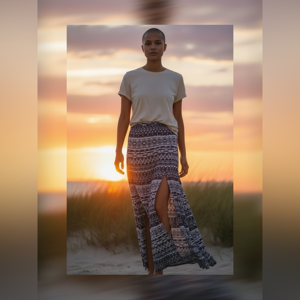 Forever 21 Navy and White Printed Maxi Skirt with 2 Side Slits